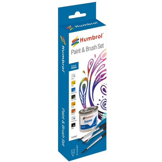 Humbrol Enamel Paint and Brush Metallic Set